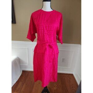 Vintage Argenti 1980s Hot Pink 100% Silk Midi Dress size 4 Pleated Belted